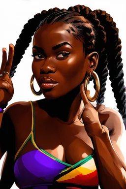 A vibrant digital illustration of a carribean woman with a confident yet playful expression. She is making a gesture by a raised brow. highly detailed two large cornrows. Her large hoop earrings are clearly visible, adding to the bold and expressive character of the artwork. with soft lighting accentuating the details of her face.", ink wash