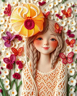 The art of 3D knitting is made of delicate fluffy lace with sequins, a beautiful, stunning girl with a smile, and with a balloon made of knitted iris flowers, boho style with red inserts. fine threads of maher glow from the inside, shimmer with sequins, wildflowers and butterflies, background of white flowers, Lee Bogle style, Alphonse Mucha, Carrie Ann Baade, Thomas Kincaid