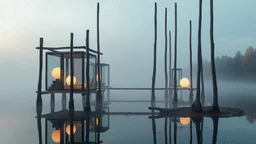 An architectural work on a misty lake at dawn, with vertical poles of weathered wood supporting inhabited cubicles encased in glass and glowing opalescent spheres, with autumn foliage reflecting in the water.