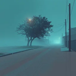 A schematic, nostalgic, horror vaporwave-style image of a dimly lit, foggy street in the outskirts with a pastel blue and brown color scheme. The street has a textured, rough surface. There is a tree in the corner. The background contains a few buildings. The overall atmosphere is eerie and foggy.