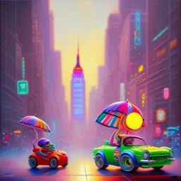 A one-year-old boy rides in the plastic funny toy-car on the middle of a busy street in new york. He has and a large-brimmed straw hat. somehow photographic bright colors and sunset, fantasy art, Anna Dittmann, digital painting, dan mumford, oil on canvas, jeff koons, akihito yoshida, wlop, kodachrome,