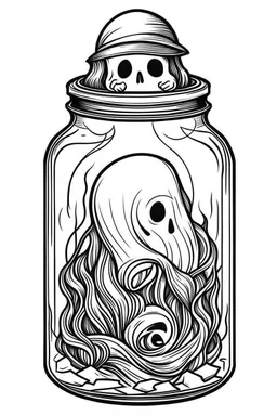 spooky ghost stuck in the jar idea, line art, background, vector, svg, black outline on white background, leave plenty of white space beetween lines for coloring, tattoo style, tattoo idea,full body, minimalist