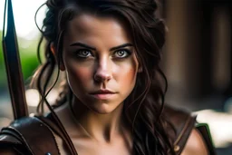beautiful brunette female thiefling, brown eyes, ready for battle, sleeveless, photo quality