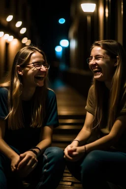 2D gece oturmuş gülüşecek birbirleri işe sohbet eden 2 kız