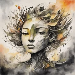 an abstract ink wash and watercolor illustration of her subconscious yearning to be as free as the wind , neo surrealism, abstract expressionism , striking, atmospheric, dreamlike, mystical, enigmatic, in the style of Joan Miro and Roberto Matta, in soft, rich plant based organic colors, hyper detailed , highly detailed feminine facial features, 4k