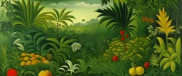 An olive green tropical jungle with fruit painted by Henri Rousseau