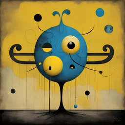 Style by Gabriel Pacheco and Joan Miro and Victor Pasmore, surreal abstract art, Pac-Man monster changing faces, surreal masterpiece, sharp focus, smooth, Yellow hues and blue tints, black - yellow color scheme, loosely based on the nightmare art of Virgil Findlay