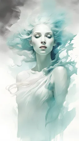 A captivating Greek goddess of water emerges from the artwork by Alberto Seveso, Russ Mills, Alan Lee, and Michelangelo. The image, a breathtaking painting or photograph, showcases the goddess with flowing aquamarine hair, sparkling like ethereal waves. Her serene face exudes beauty and grace, as her eyes mesmerize with an otherworldly glimmer. The artists' remarkable attention to detail brings the goddess to life, capturing each delicate ripple of water cascading down her cascading robe and rev