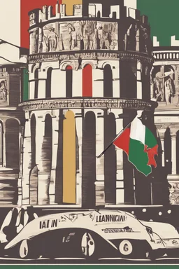 Imparare l'italiano. Gli studenti imparano la lingua, mentre dietro sullo sfondo l'alfabeto italiano. Torre Pendente di Pisa, Colosseo e bandiera italiana.