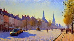 Sunny day, modern city, cars, alfred sisley impressionism painting