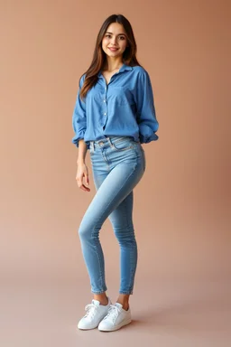 simple background a beautiful young lady wearing jean pants and blue blouse full body standing pose,sport shoes