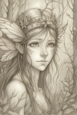 Portrait of fairy without wing in the magical forest by pencil.