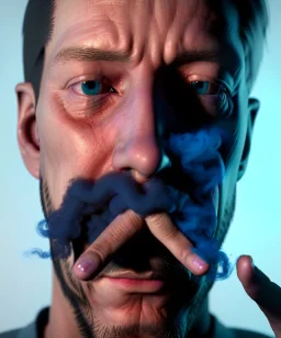 Realistic image, a guy making the fuck you gesture with his hand, blue smoke coming out of his eyes, nose and mouth. soft color, highly detailed, unreal engine 5, ray tracing, RTX, lumen lighting, ultra detail, volumetric lighting, 3d, finely drawn, high definition, high resolution.