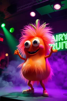 An big cute fruit with big eyes "Hairy Fruit" performing at dance club, his name is "Harry" HAIRY FRUITS EVERYWERE On stage, Green Neon lights and smog, "HAIRY FRUITS" big sign on the wall
