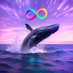 infinity symbol ∞ with vibrant powerful whale jumping out of the sea, striking, neon, chiaroscuro, dramatic, captivating, powerful, fantasy, beautiful, octane render, 16k post-production, artstation: award-winning: atmospheric: commanding: fantastical: clarity: ultra quality: striking: brilliance: stunning colors: amazing depth; lens: f/11, 35mm