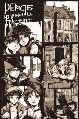 three teenage street children two boys and one girl in book-cover poses on the screen of an old town plus a black cat as a compagnion, comic style