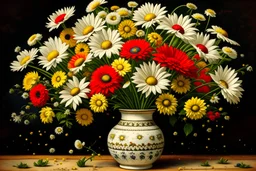 A painting of a beautiful colorful daisies bouquet in a vase, Van Gogh Style, full frame, within frame, facing frontal, with very detailed red machine components, white background, cream color background, bright background landscape, ornate, intricate, complex, highly detailed, digital painting, smooth, art by tom bagshaw, akihiko yoshida, highly detailed, realistic, Van Gogh.