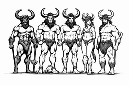 a creative line of creatures on the same specie: faun, satyr, centaur, minotaur from left to right. Standing for the purpose of a movie
