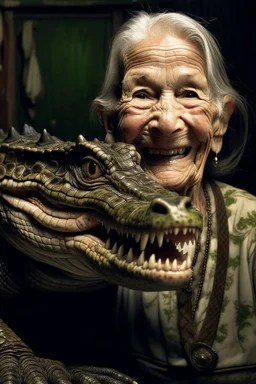 Old woman with an alligator's smile