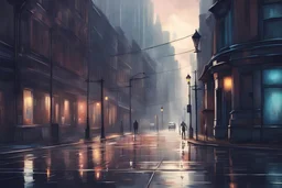 Beautiful illustration of an empty rain soaked street in the city in the day, 4k concept art
