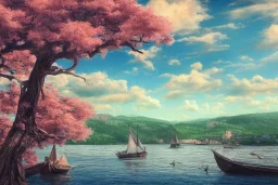 higly-detailed, epic landscape, river, highly detailed, perfect lighting, perfect composition, 4 k, artgerm, hudson river scool, big old tree, sunny day, large sea, boats, pink clouds, hot guy