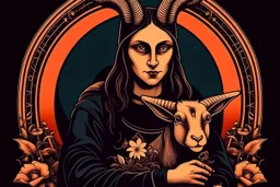 baphomet, attractive woman with head of a goat, holding a human baby, mary mother of jesus composition