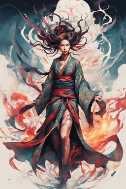 create an abstract expressionist full body illustration of a darkly magical, raggedly clothed Japanese sorceress with highly detailed and deeply cut facial features, searing lines and forceful strokes, precisely drawn, boldly inked, with rich striking sky colors