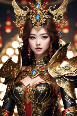 Realistic photography,front_view, Beautiful Queen fairy super model Chinese Woman, brown hair,dressing luxury party gown,looking at viewer,traditional dress ornaments mechanical armor china traditional, intricate armor, delicate golden shine bright, black metalic parts, detailed part, jewelry diamonds,dynamic pose,abstrac background, dynamic lighting, red hour, full body portrait