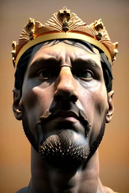 Ultra Realistic image, Roman sculpture, white marble material, Lionel Messi, gold laurel leaves crown, god crown, gold veins, gold ornaments, Renaissance style, sun rays background, waist up portrait, epic, celestial, cinematic lighting, God lights, 4k resolution, smooth details, soft lighting, unreal engine 5, art station, substance 3d.