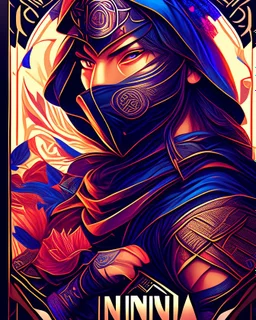 Ninja warrior centered | symmetrical | key visual | intricate | highly detailed | iconic | precise lineart | vibrant | comprehensive cinematic | alphonse mucha style illustration | very high resolution | sharp focus | poster | no watermarks full body