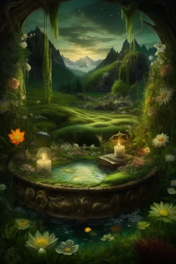 Hyperrealism against the background of a spring landscape in the forest +mirror with a tsunami whirlpool +mountains +ritual +candles+dried flowers+wildflowers+moss++decoupage of flowers+embroidery technique+braided beads+vine+moonlit night,fabulous landscape,surrealism,realism,naturalism,dot technique,microdetalization,high detail objects,digital illustration,volumetric clarity,dark fantasy,dark botanical, professional photo