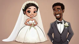 cartoon wedding, black man with a Caucasian Asian bride