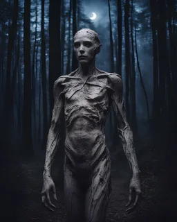 dedans les bois la nuit forme humanoïde, peaux humaine nuit nuit grand fin monstre migre, pas de lumière