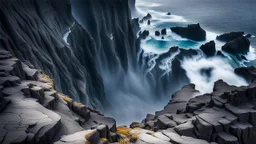 This mesmerizing ocean cliff scene captures the dramatic power and beauty of nature. Towering rugged cliffs stand majestically against the vast expanse of the ocean, where the water pours into a singular bottomless pit. The cliffs, with their sharp and jagged edges, create a stark contrast to the rough, flowing water, making the scene even more captivating. Sunlight pierces through the mist rising from the waterfalls, creating a magical, ethereal atmosphere