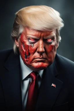 Portrait of Donald trump, realistic cyborg face, metal showing under skin, red eyes