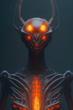 alien in the hell, Fire theme art, Dark moody night atmosphere, , 8K, close-up face, anatomically perfect face