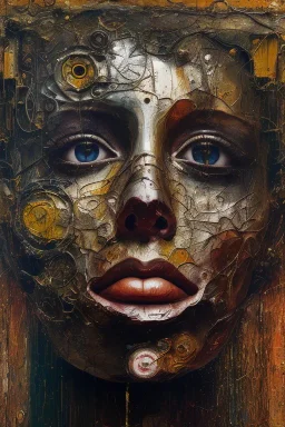 an abstract painting uma fridman, by anselm kiefer and lucian freud, rust, scaffolding, iron cladding, decay, mixed media, textured, anatomically correct, beautiful perfect face, sharp focus, highly detailed