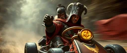 Bruflat train gokart Mozart crusader with gloves bewildered looks beyond really powerful, fantasy illustration in the style of Rembrandt, motion blur background
