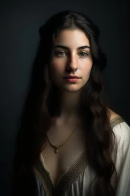 portrait of a 25 year old woman who looks like an elegant, greek goddess; she is beautiful and has long dark hair, friendly, faithful, hopeful