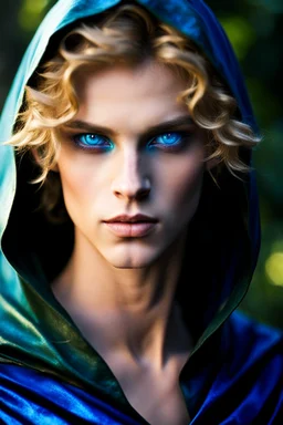 image of a blue eyed Fae Prince wearing a hooded cape