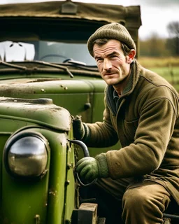 portrait of a mechanic with a hybrid mixed body part sheep, working on an old land rover in the countryside