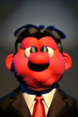 Waist up muppet Portrait, Kim Jong-un muppet doll, black suit, photo studio, red background, unreal engine 5, concept art, art station, god lights, ray tracing, RTX, lumen lighting, ultra detail, volumetric lighting, 3d.