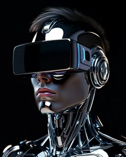portrait shot, chromed male cyborg with vr glasses instead of eyes, shining chromed robot in dark background, floating