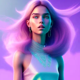 A portrait of a crystalised beautifull girl,smiling, longs hairs, atmospheric, realistic,, cinematic lighting, octane render,, pink turquoise light