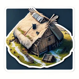 aerial view digital artwork of a Scandinavian longhouse as a sticker