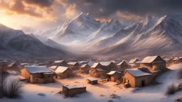 Hyper Realistic Pakistani village cloudy sunset & snowy mountains