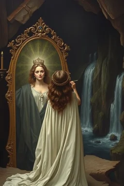 a woman standing in front of a mirror with reflection of her as a beautiful queen with a spiritual background the mirror, in the dark cave with waterfalls in the background, Bosch painting style