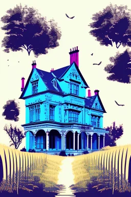 Disused, Victorian Manor House, Blue Sky, Over-Grown Fields, Vector Art