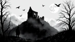 detailed graphic art, ruined gothic castle standing on a hill on the right side of the composition, full moon in the night sky, a few raven silhouettes flying near the moon, thick mist surrounding the hill, dark forest on the left side with twisted bare trees, a solitary black hooded figure standing at the forest edge looking toward the castle, mysterious atmosphere, ancient forgotten ruins, dark fantasy aesthetic, detailed linework, dramatic composition,