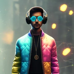 stylized Rabbit, smiling, cyberpunk headphone, sunglass, gangsta gold neckless, full body, magenta puffer jacket, manila city backdrop, dramatic lighting, hyper realistic, unreal engine 5, 16k